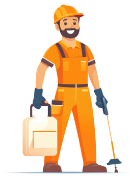A smiling, bearded worker in orange overalls carries pest control equipment. png