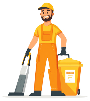 A smiling sanitation worker with a vacuum cleaner and trash bin. png