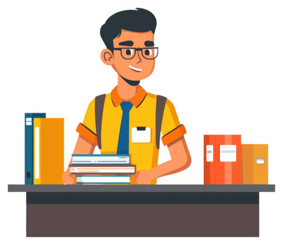 A student standing behind a desk, holding books and files. png