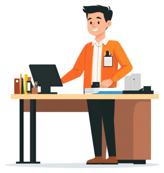 A smiling young man stands at a desk, ready to work. png