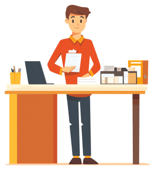 A young man standing at a desk, holding documents. png
