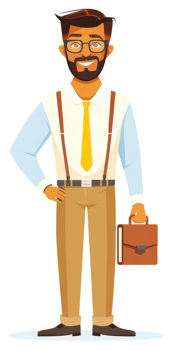 A smiling businessman in a light beige suit and a yellow tie. png
