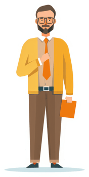 A confident man in a yellow cardigan, brown trousers, and an orange tie. png