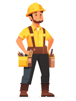A handyman wearing a yellow hard hat and tools on his tool belt. png