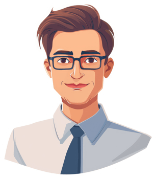 A friendly cartoon portrait of a man in a light-colored shirt and glasses. png