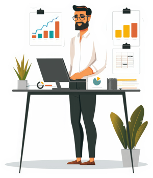 A businessman working on a standing desk, surrounded by charts and graphs. png