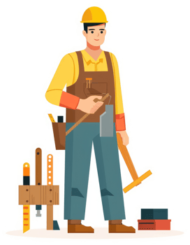 A handyman with tools and a work apron, ready for construction. png