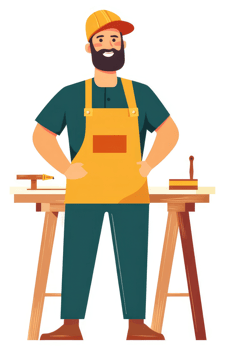A confident carpenter stands at his workbench. png