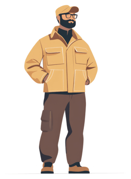 Illustration of a man in a light beige work jacket and brown work pants. png