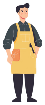 A smiling person wearing a yellow apron and dark pants. png