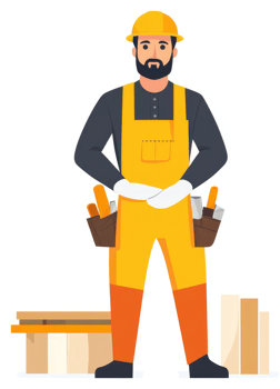 A handyman in bright yellow uniform, ready to work on a wooden structure. png