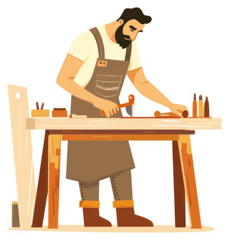 A focused carpenter meticulously works on a wooden piece at his workbench. png