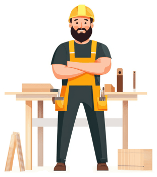 A carpenter with tools and wood stands ready to work. png