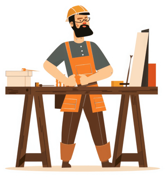 A bearded craftsman works at his workbench with tools and supplies. png