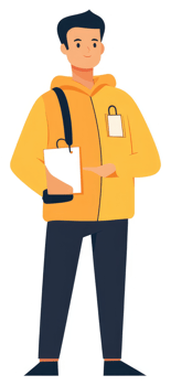 A friendly individual in a bright yellow jacket holding documents. png