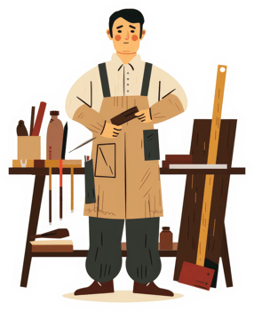 A woodworker standing by his workbench filled with tools and wood. png