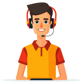 Friendly customer service representative wearing headphones and a polo shirt. png
