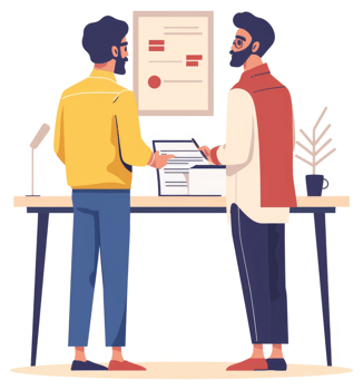 Two men reviewing documents at a table. png