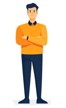 A confident man in an orange sweater and navy pants. png