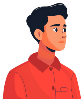 A young man in profile view, wearing a coral-colored button-down shirt. png