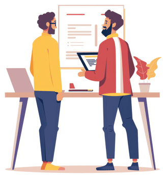 Two colleagues engaged in a presentation review at a conference table. png