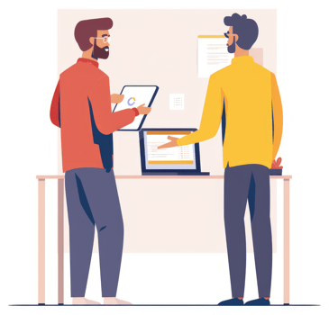 Two colleagues collaborate on data analysis using a tablet and laptop. png