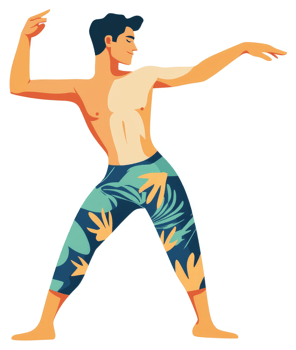 A man in a stylish tropical print dance pose. png