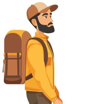 A bearded man wearing a backpack and a baseball cap, ready for an adventure. png