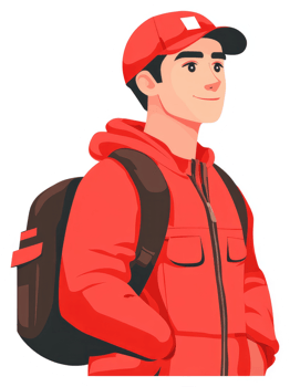 A young person wearing a red jacket and cap, carrying a backpack. png