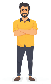 A confident man in a yellow shirt and dark pants. png