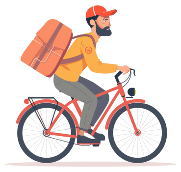 A delivery person on a bicycle with a large orange bag. png
