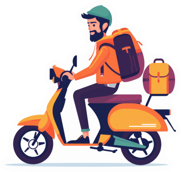 A man on a scooter with large backpacks, ready for delivery. png