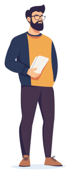 A casual man with a beard and glasses, holding a book. png