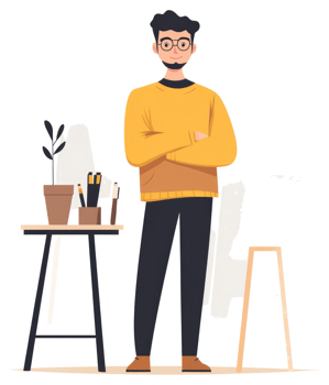 A young artist stands confidently at their workspace, surrounded by creative supplies. png