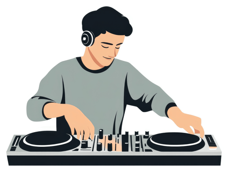 A focused dj operating a professional dj equipment. png
