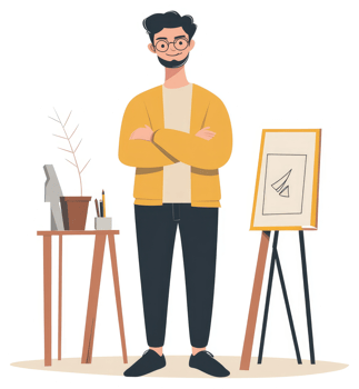A confident artist displays their latest artwork. png