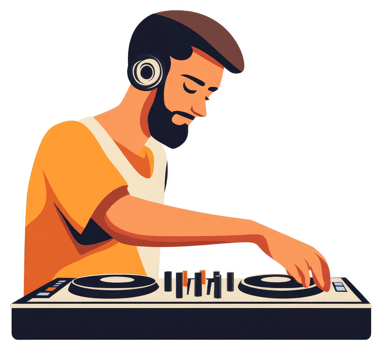 A dj with headphones and a beard mixing music on a dj mixer. png