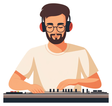 A man in headphones playing a music synthesizer. png