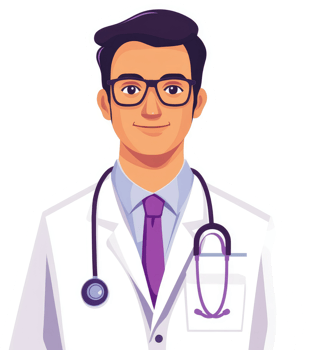 A friendly medical professional wearing a white coat and purple tie. png