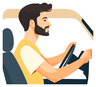 A man with a beard driving a vehicle in profile view. png