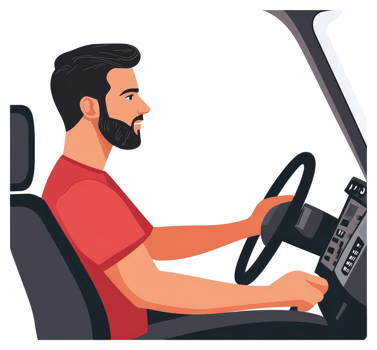 A man driving a vehicle in profile view. png