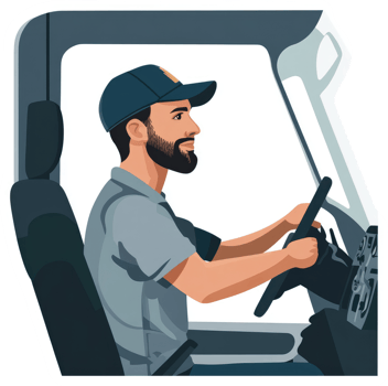 A bearded man in a truck cab, driving a vehicle. png