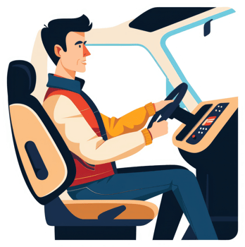 A man driving a vehicle in a stylized illustration. png