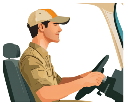 A man in a beige shirt and cap sits in a vehicle, positioned for driving. png