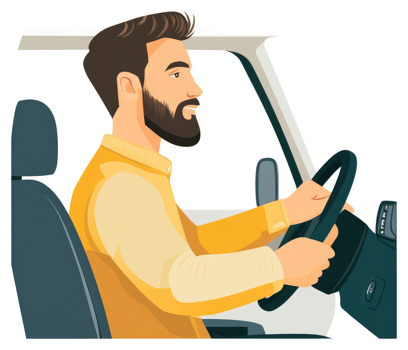 A man with a beard driving a car in profile view. png