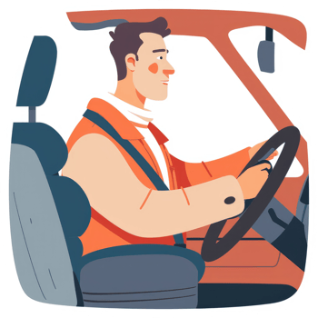 A man in an orange jacket driving a car. png