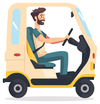 A man drives a light beige delivery vehicle. png