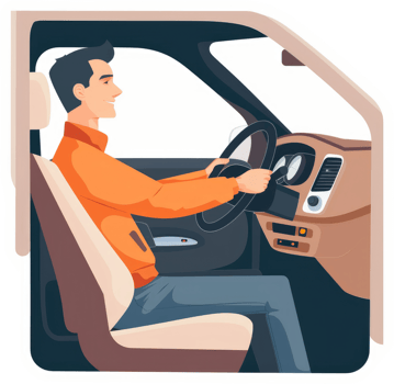 A man driving a car in a cheerful, side-view illustration. png