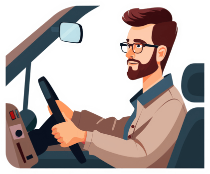 A cartoon illustration of a man driving a car. png