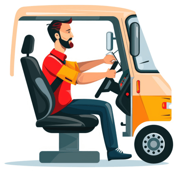 A man drives a small light-colored vehicle. png